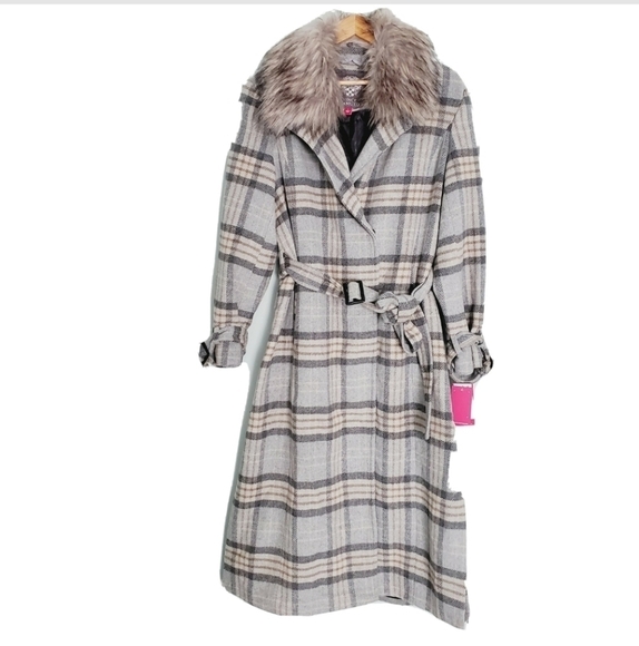 NEW Vince Camuto Belted Gray Plaid Maxi Coat - Picture 2 of 5